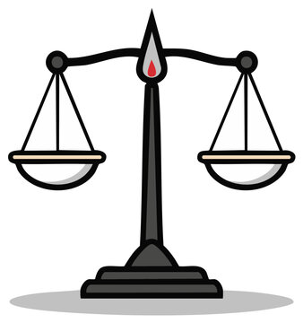 Illustration of a balance scale with a flame at the apex symbolizing justice and truth