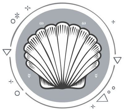 Black and white scallop shell icon in a circle frame with minimalist geometric elements vector illustration