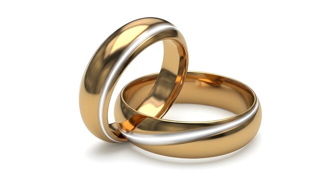 Two polished 14k yellow gold wedding bands, one with a contrasting white gold inlay, elegantly intertwined on a clean white background