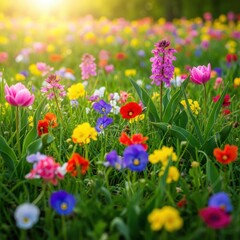 Obraz premium Lush green meadow filled with blooming wildflowers including pink tulips, purple orchids, red poppies, yellow primroses and blue pansies under bright golden sunlight in spring.