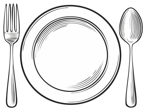 Place setting graphic with empty plate fork and spoon in black and white art line design suitable for web or print use