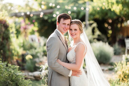 Bride and groom share a tender smile on their wedding day during golden hour