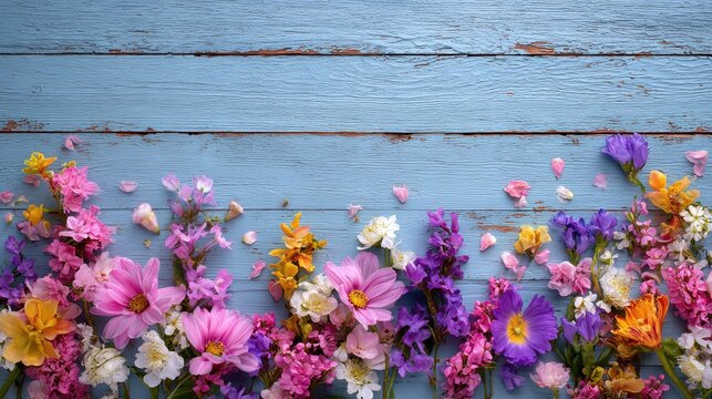 Bright border of mixed flowers over a blue wooden board