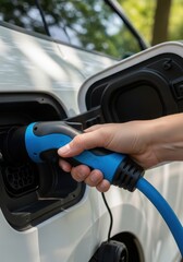 Fototapeta premium person holding a blue electric vehicle charging plug to a car