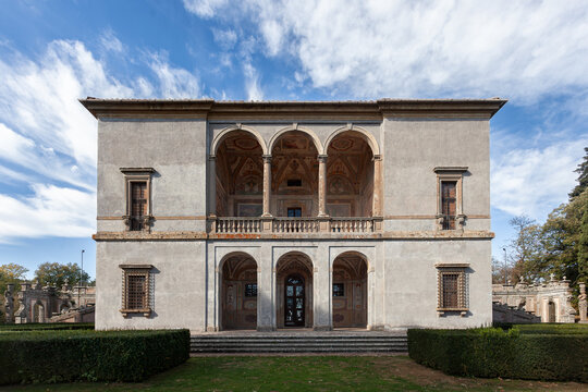 Front view of the Casina del Piacere at Villa Farnese in Caprarola, Italy. Renaissance architecture with elegant loggias, frescoes, and symmetric garden design.