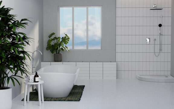Wellness in modern bathroom design with sleek freestanding tub. 3D render illustration