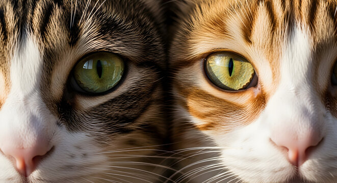 Extreme close-up of cats&rsquo; faces pressed together in a narrow space