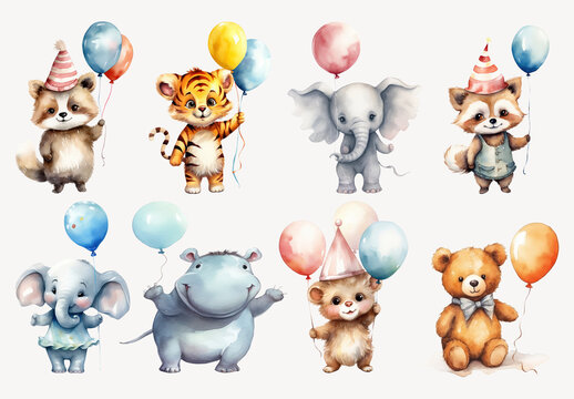 Adorable Animals With Colorful Balloons Element Design Set
