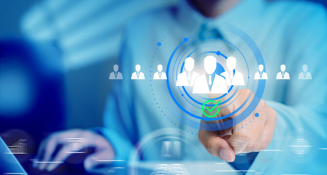 recruitment selection, business person selecting candidate with team icons and approval checkmark, talent acquisition and workforce management concept
