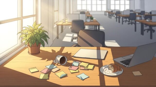 Office desk with laptop cup plant and scattered notes in bright daylight