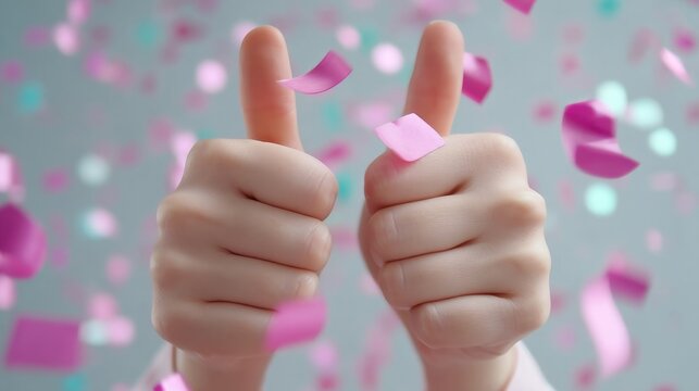 Two Hands Giving Thumbs-Up Gesture Surrounded by Colorful Confetti on a Light Gray Background Celebrating Achievement and Joyful Moments