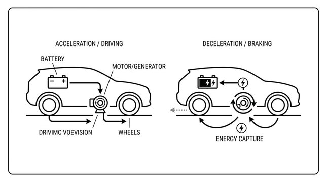 Illustrative diagram of hybrid vehicle energy flow, demonstrating propulsion and regenerative braking