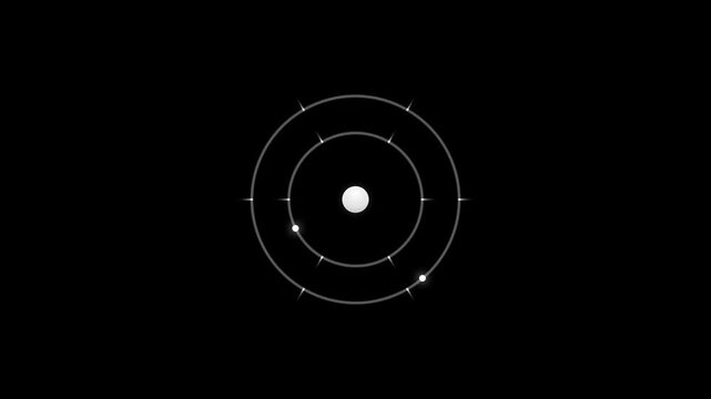 A minimalist representation of an atom, showcasing concentric circles and electrons orbiting a nucleus