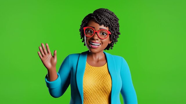 Woman with glasses waves in front of green background screen