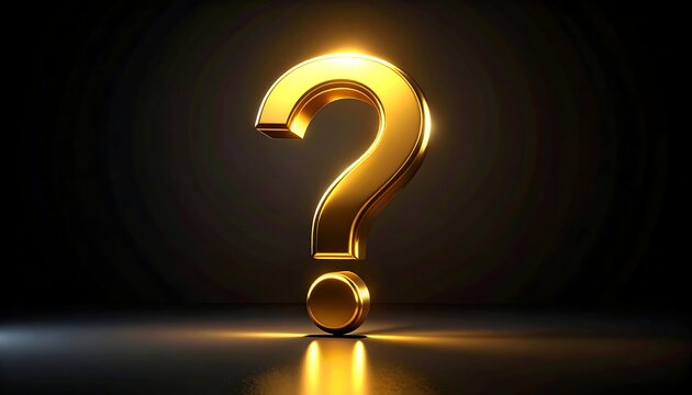 A large golden question mark standing alone in a dark room with a spotlight shining on it from above, creating a sense of mystery and inquiry