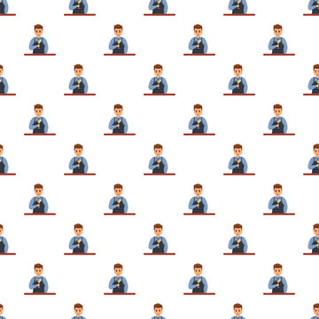 Waiter character standing behind a counter with a drink in a repetitive pattern