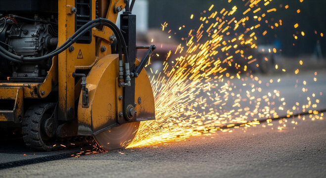 Asphalt cutter machine creating sparks during road construction  