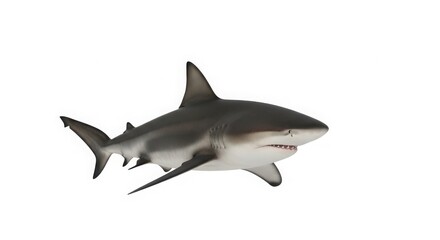 Fototapeta premium Great white shark swimming, powerful marine predator in side view, dangerous sea creature with sharp teeth and dorsal fin, aquatic wildlife isolated on White Background