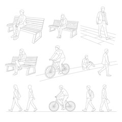 Obraz premium People Outline Collection: Benches, Biking, Walking, Sitting