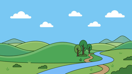 Obraz premium Landscape, cartoon hills, green valley, blue river, sunny sky