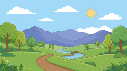 Fototapeta premium Cartoon landscape, green hills, blue mountains, sunny day, vector illustration