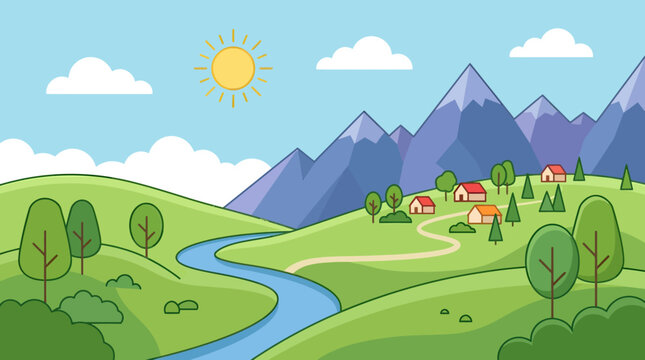 Landscape, scenic view, countryside, rolling hills, mountains, sunny day