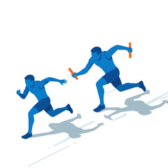 Fototapeta premium Athletes running relay race, passing baton, teamwork, speed, sport, blue silhouettes