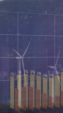 Vertical video: Grid fading, two turbines turning, waveform pulsing and bars rising showing values