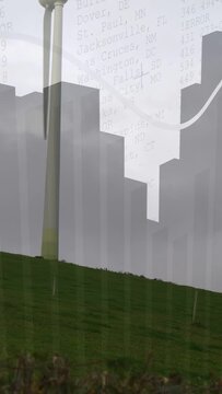 Vertical video: Rising wind initiating turbine rotating while overlays rising and showing output