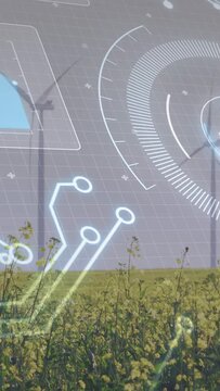 Vertical video: UI spark starting wind turbines turning while HUD mapping farm energy output