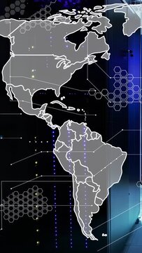 Vertical video: Americas map appearing over racks, revealing borders, pulsing LEDs, showing links