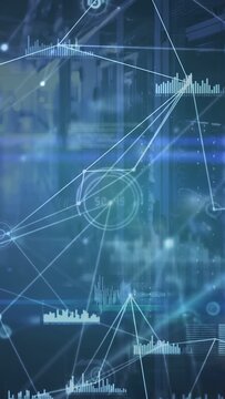 Vertical video: HUD overlay appearing over server racks linking nodes and pulsing showing data flow