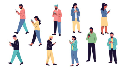 Obraz premium A colorful illustration of people walking while looking at their smartphones in various poses and outfits