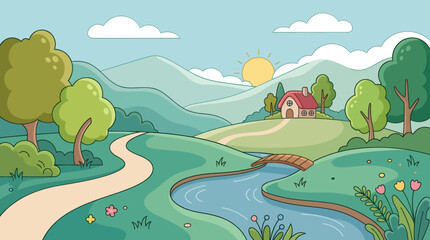 Obraz premium Cartoon landscape, sunny countryside scene, green hills, winding road