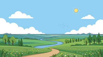 Fototapeta premium Cartoon landscape, sunny countryside, green hills, winding river