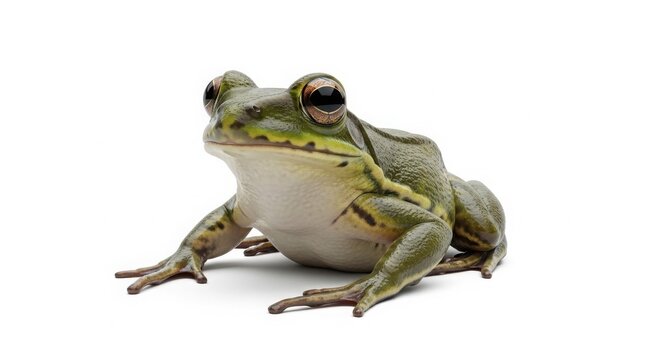 Green bullfrog sitting on white, common pond frog with smooth skin, wild amphibian portrait for nature education and biology projects isolated on White Background