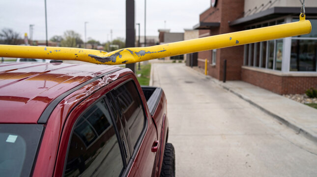 Damaged red pickup truck after hitting yellow metal height restriction bar at building entrance. Car accident and insurance claim concept. Property damage during driving incident.