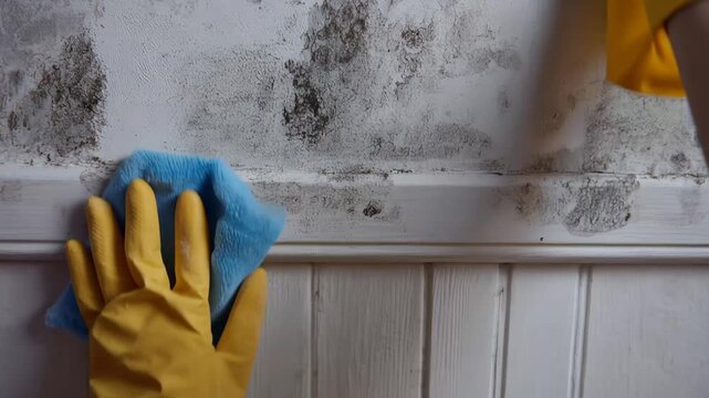 Mold removal and cleaning with protective gloves, A pair of hands in yellow rubber gloves scrubbing a moldy wall to remove dirt and stain