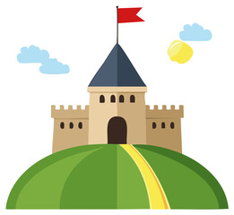 Naklejka premium Cartoon stone castle with a red flag atop a green hill under a sunny sky in flat design style