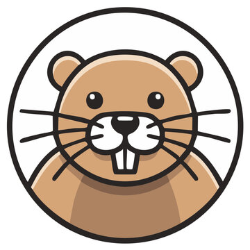 Cute cartoon beaver head character with buck teeth whiskers and round eyes in a circle