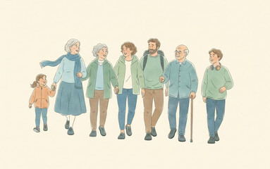 Fototapeta premium A multi-generational family walking together on a calm day, showcasing unity and shared moments
