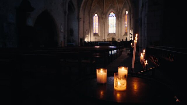 Burning candles on a table within the dark gothic interior of Saint-Dominique church in Monpazier, Dordogne. Slow motion traveling shot.