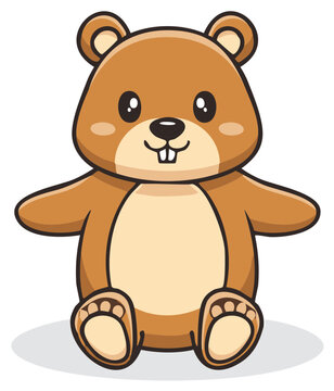 Adorable cartoon brown beaver character sitting with outstretched arms and charming buck teeth