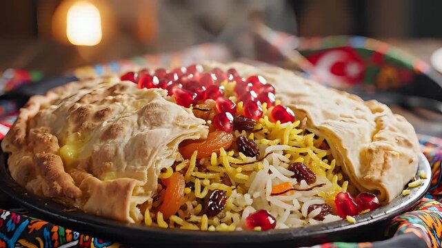 Delicious Plov Rice Dish with Pomegranate Seeds and Pastry Crust.