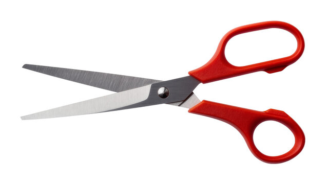 Red plastic handled scissors with silver metal blades