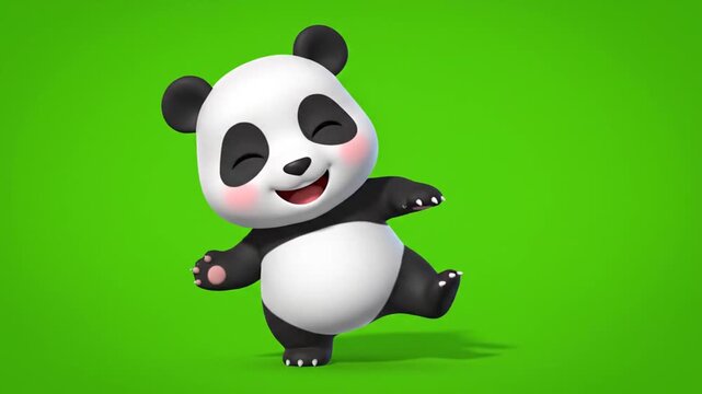 Animated panda dancing on background green screen with happy expression and cute paws