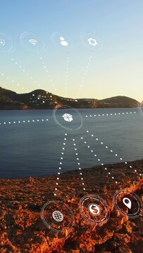Vertical video: Cube appearing on horizon, emitting dotted lines and guiding icons, showing network