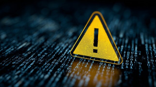 Yellow warning triangle on code background symbolizing cybersecurity risk data breach vulnerability management.