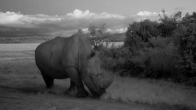 Rhino and calf graze in the African wilderness, captured by a trail camera