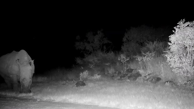 Rhino grazes in the dark, captured by an anti-poaching infrared camera